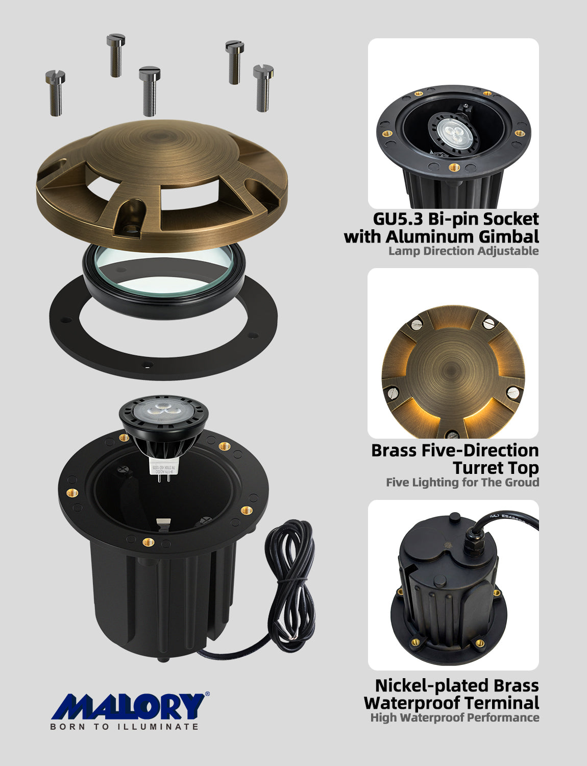 Malory MLR-G08 Brass Five-Direction Turret Well Light, Multi-Beam Landscape Uplighting, MR16 Bulb Included