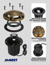 Malory MLR-G08 Brass Five-Direction Turret Well Light, Multi-Beam Landscape Uplighting, MR16 Bulb Included