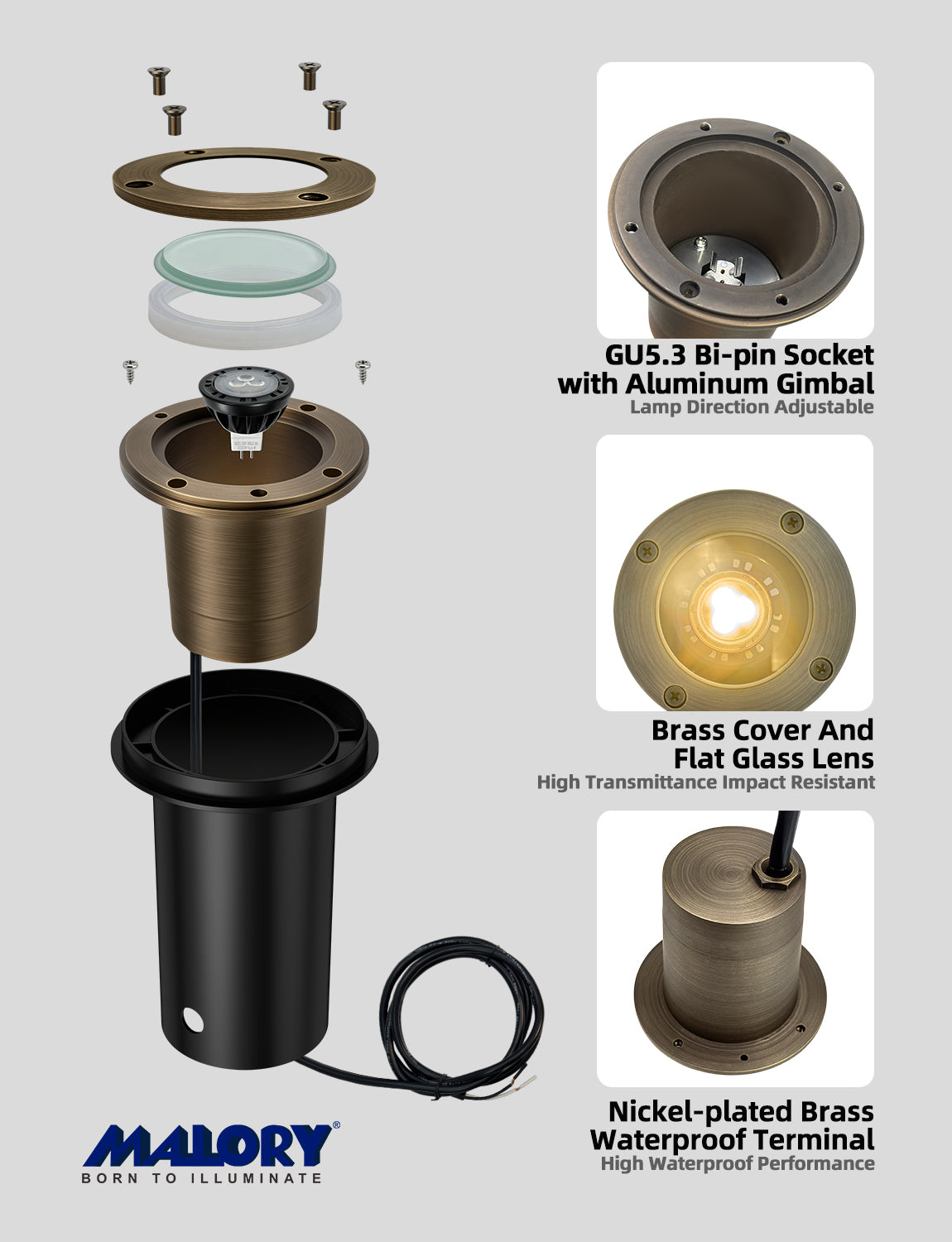 MALORY 12V Full Brass Flat Top In-Ground Well Light – Low Voltage Outdoor Landscape Fixture with 7W MR16 Bulb (MLR-G03)