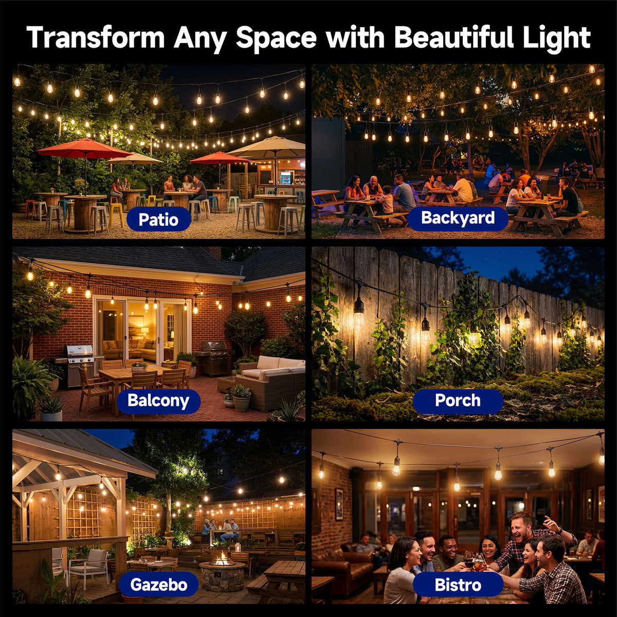Malory 120V 50FT Outdoor Bistro String Lights – 15 COB LED Bulbs, 1W, 60 Lumens Each (MLR-ST01)