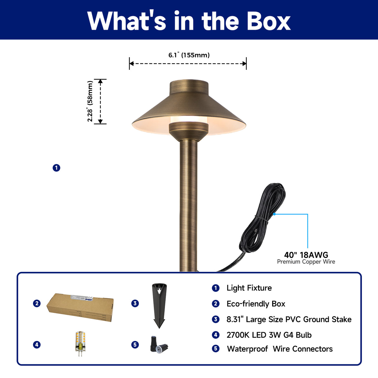 MALORY MLR-P01 Brass Low Voltage LED Path Light for Walkways & Garden