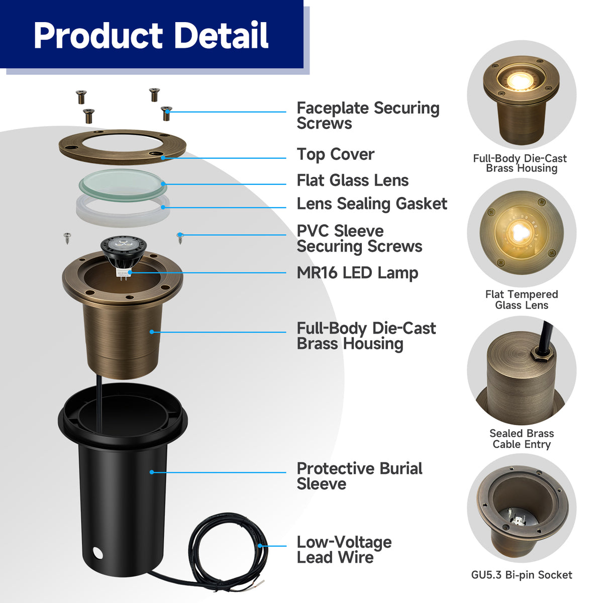 MALORY MLR-G03 Full Die-Cast Brass In-Ground Well Light, 12V Low Voltage Landscape Lighting