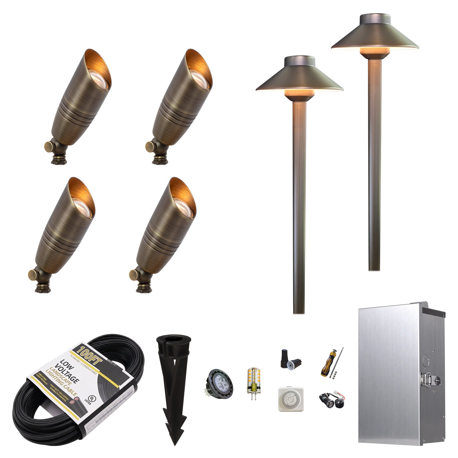 MALORY Essential 6-Light Low Voltage Brass Landscape Lighting Kit – 4 Spotlights + 2 Path Lights (MLR-K01)