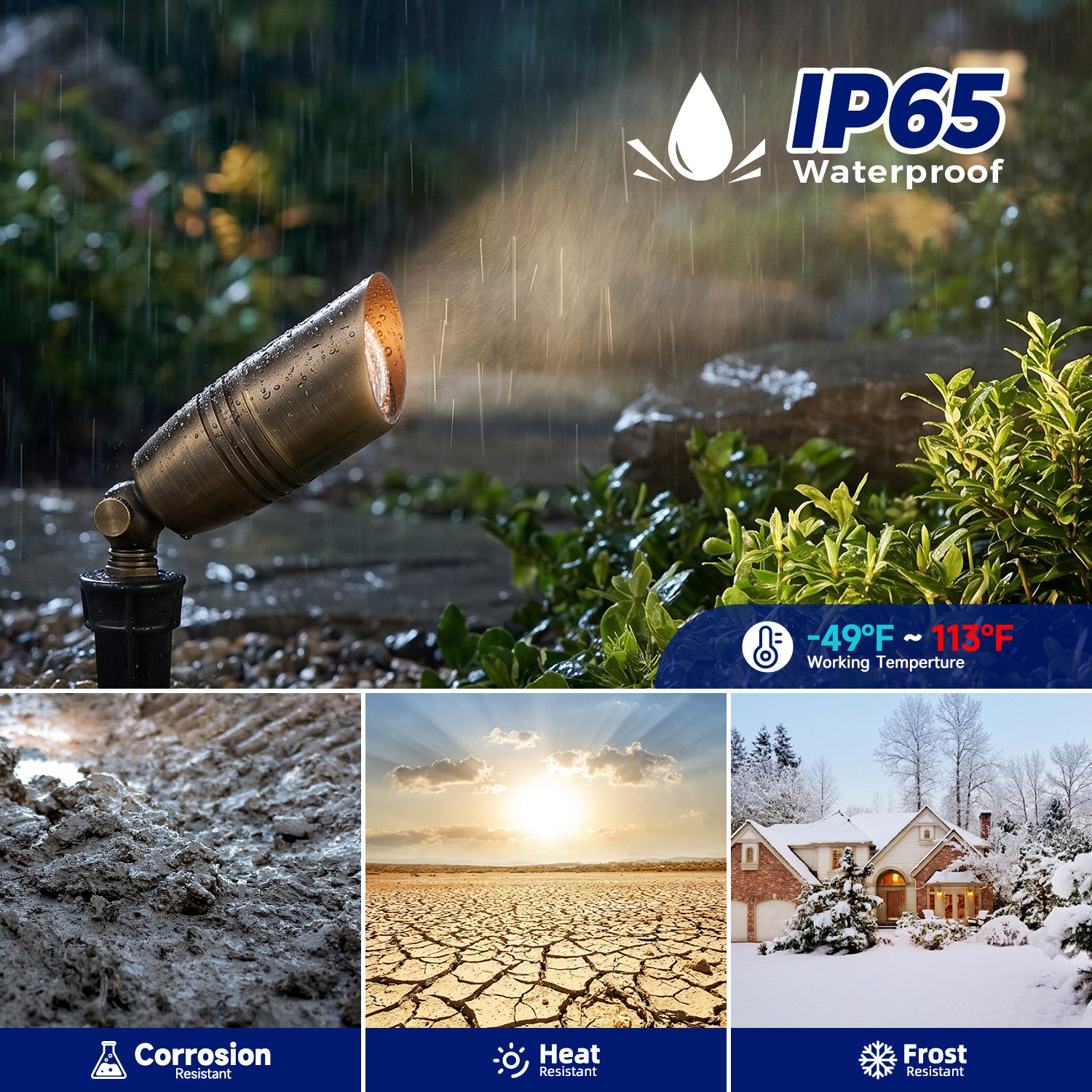 Malory S02 Landscape Spotlight with IP65 waterproof rating, shown in various environmental conditions.