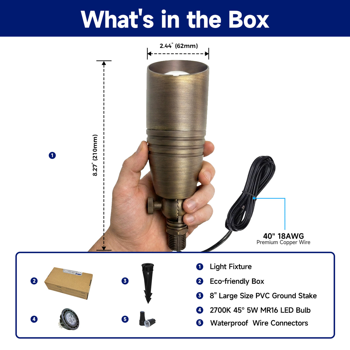 Malory_S02_Solid_Brass_Landscape_Spotlight – Package includes all product accessories.