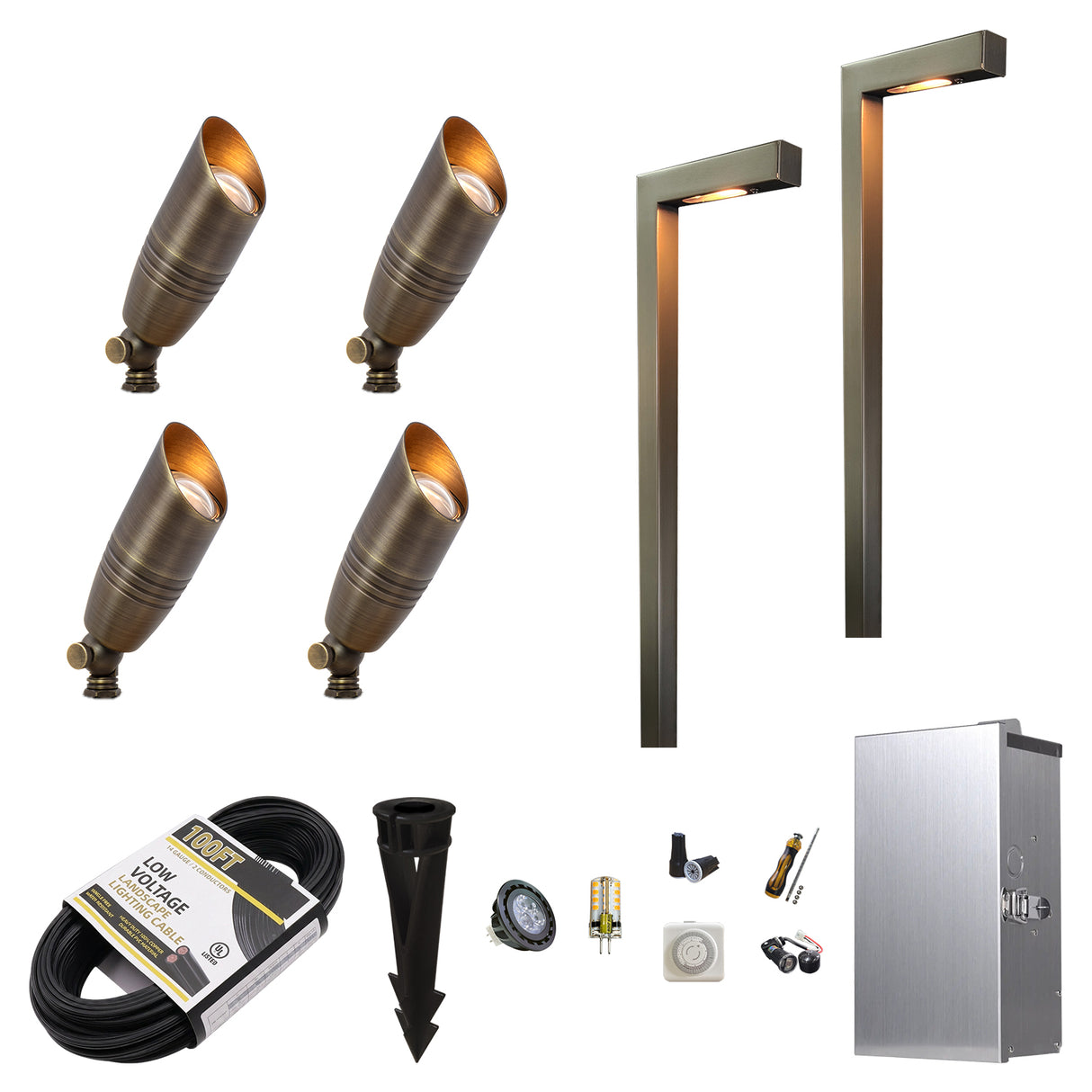 MALORY Essential 6-Light Low Voltage Brass Landscape Lighting Kit – 4 Spotlights + 2 Path Lights + 150W Transfomer+ 100 FT cable (MLR-K01)