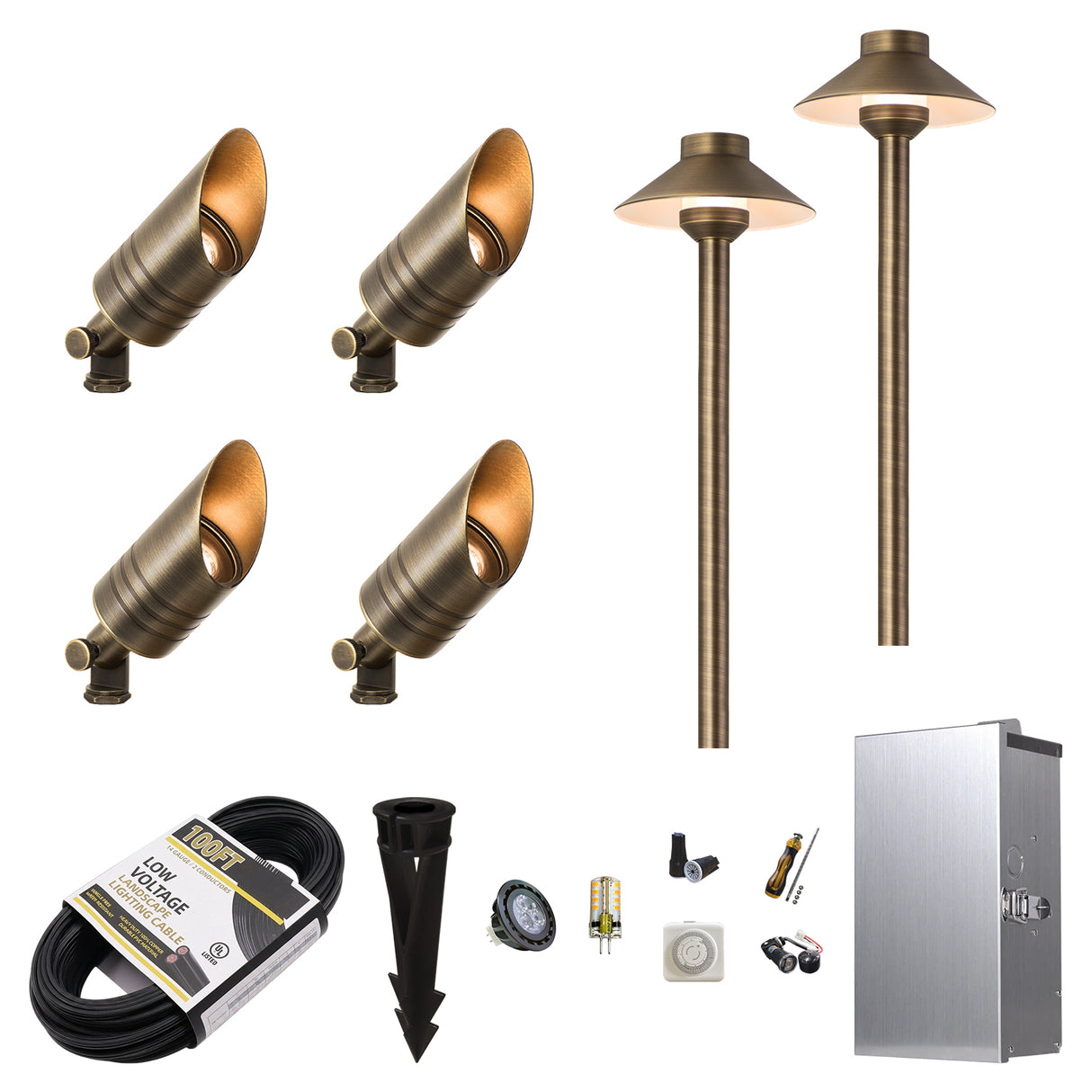 MALORY Essential 6-Light Low Voltage Brass Landscape Lighting Kit – 4 Spotlights + 2 Path Lights + 150W Transfomer+ 100 FT cable (MLR-K01)