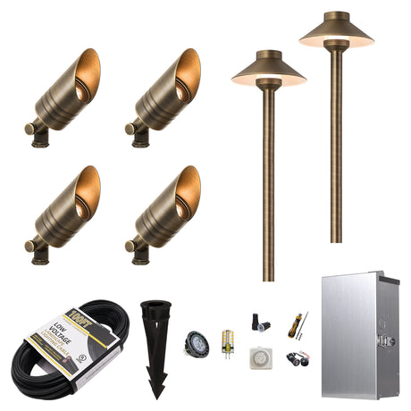 MALORY Essential 6-Light Low Voltage Brass Landscape Lighting Kit – 4 Spotlights + 2 Path Lights + 150W Transfomer+ 100 FT cable (MLR-K01)