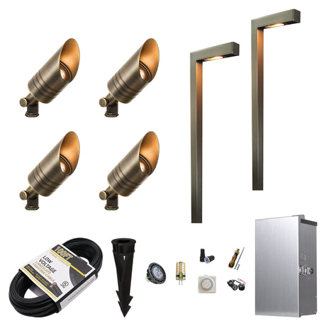MALORY Essential 6-Light Low Voltage Brass Landscape Lighting Kit – 4 Spotlights + 2 Path Lights + 150W Transfomer+ 100 FT cable (MLR-K01)
