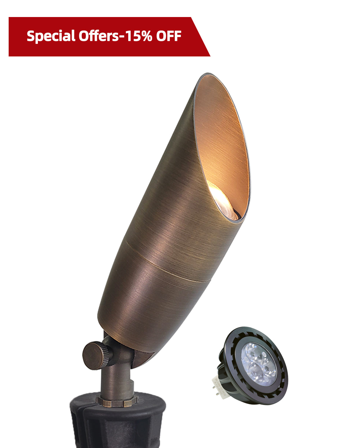 MALORY 12V Solid Brass Outdoor Spotlight for Front and Backyard with Large Rugged Slot Spike (MLR-S06)