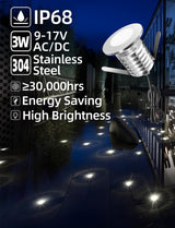 MALORY Low Voltage Full Stainless Steel Pond Lights, LED 3W 6000K IP68 Underwater Swimming Pool Light(MLR-SSG15))