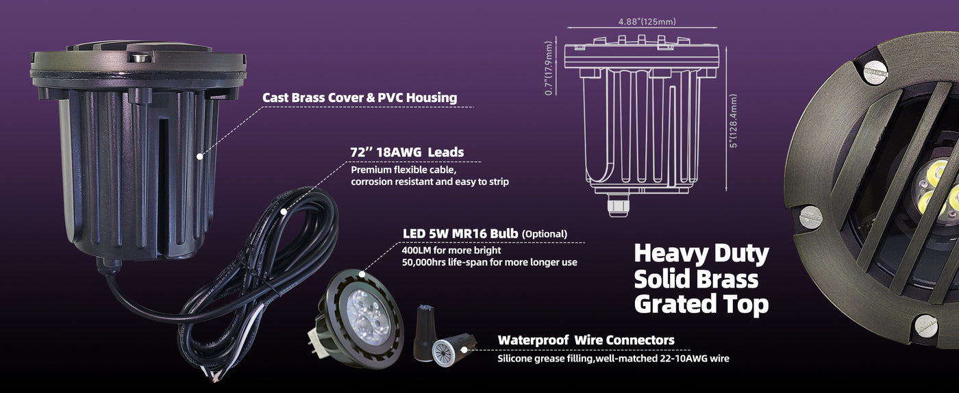 Solid brass housing detail of inground landscape light MLR-G02
