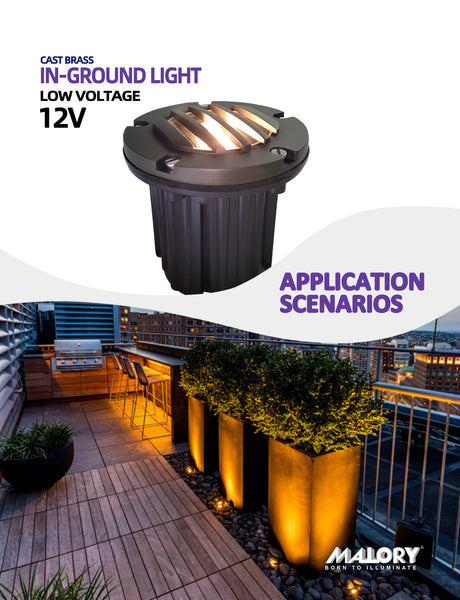 Brass inground landscape light MLR-G02 illuminating landscape at night