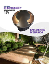 Brass inground landscape light MLR-G06 illuminating landscape at night