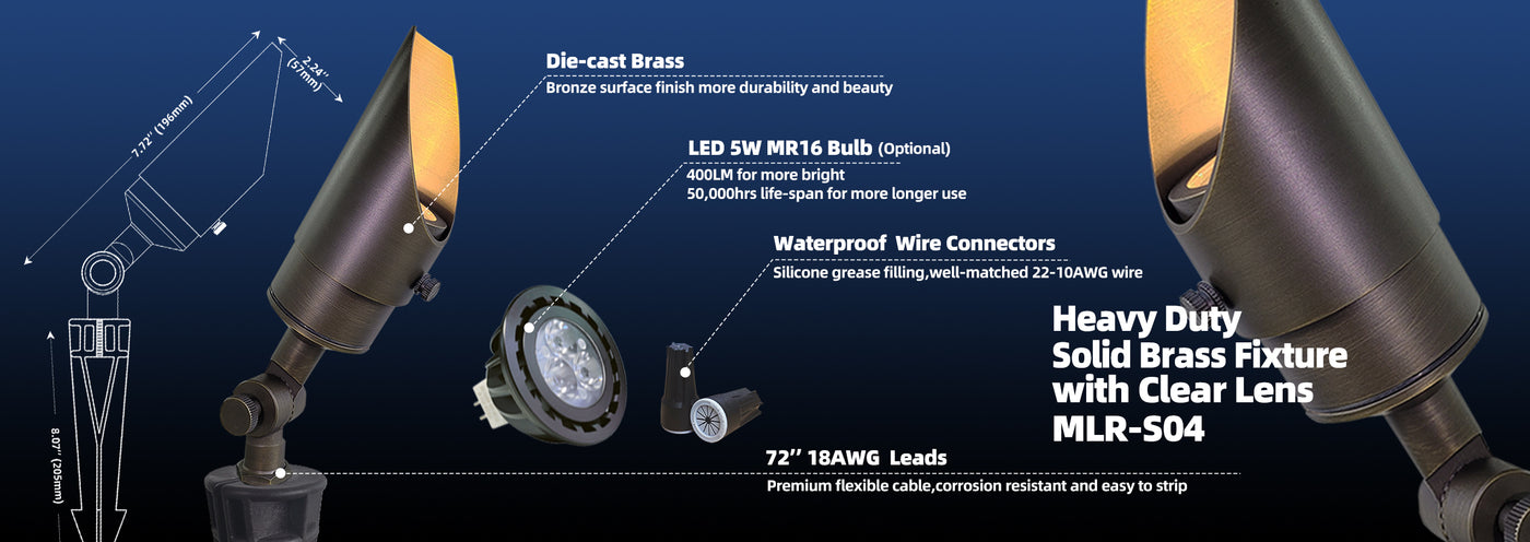 Brass landscape spotlight MLR-S04 adjustable beam outdoor lighting