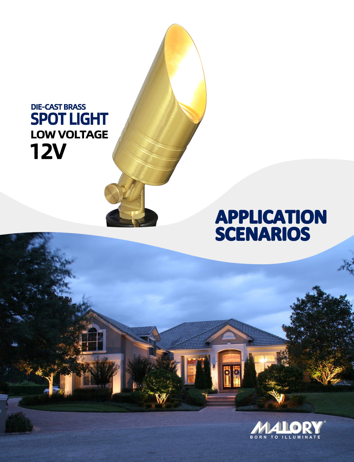 Brass landscape spotlight MLR-S0  illuminating outdoor landscape at night