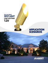 Brass landscape spotlight MLR-S0  illuminating outdoor landscape at night