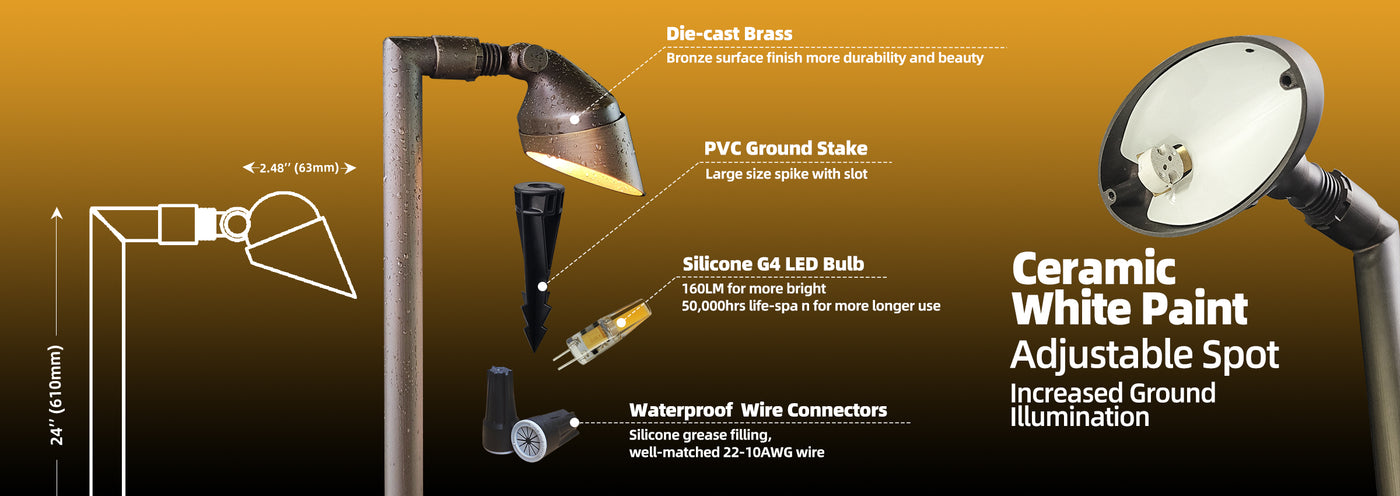 Brass adjustable path light MLR-P06 with ground stake installation