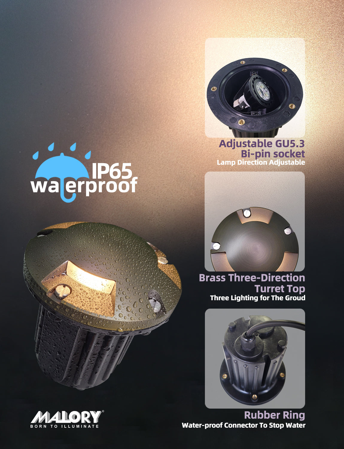 MALORY Brass 12V Three-Direction Turret In-Ground Well Light – Low Voltage Landscape Lighting  (MLR-G07)