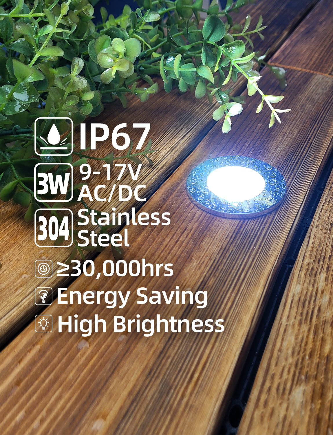 Round LED recessed deck step light MLR-SSG01-03- close-up view