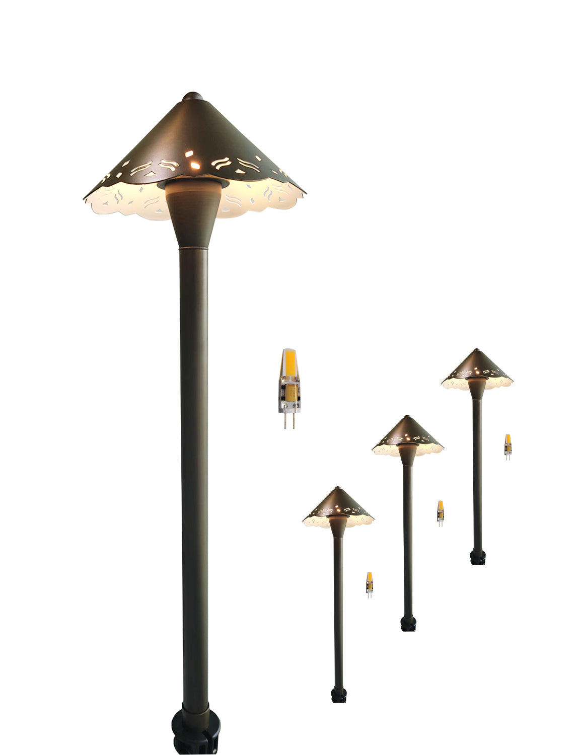 MALORY Hollow Design LED Brass Path Light – Low Voltage Landscape Lighting with Integrated 2W 2700K (MLR-P04)