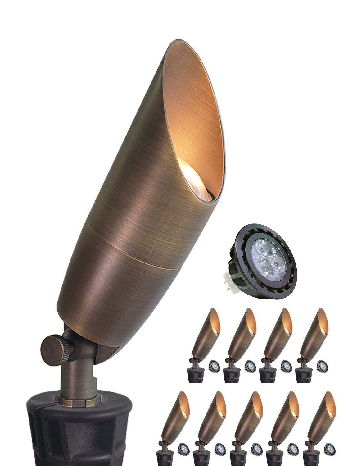MALORY 12V Solid Brass Outdoor Spotlight for Front and Backyard with Large Rugged Slot Spike (MLR-S06)