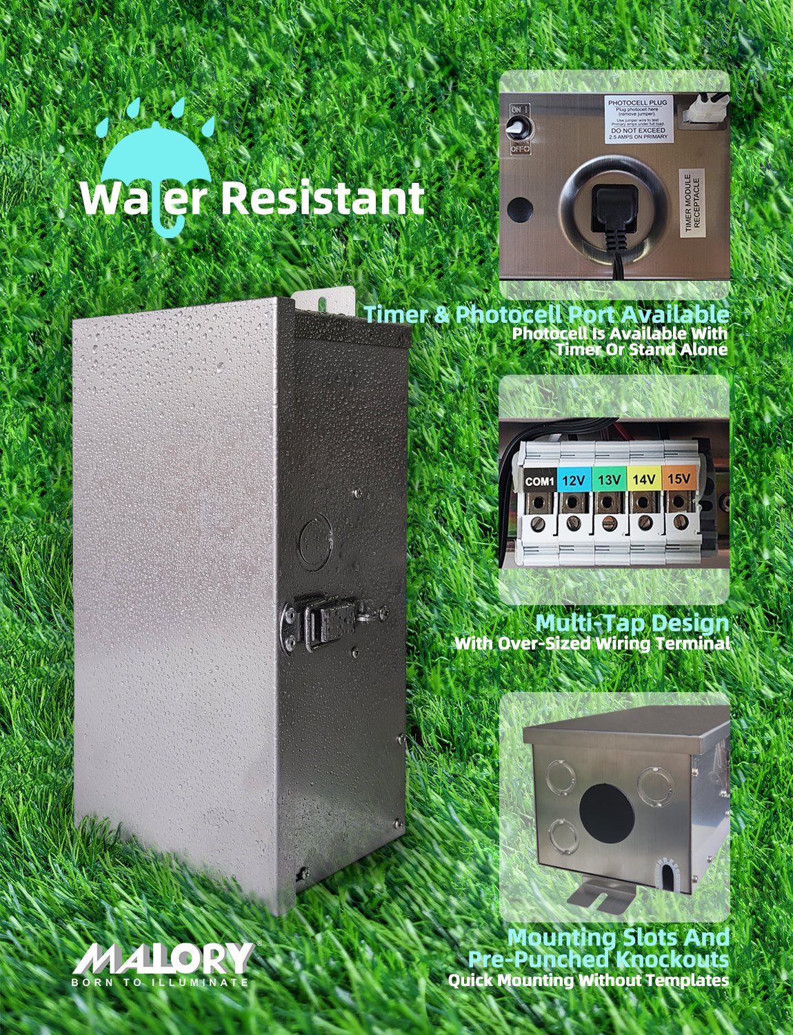 MALORY 300W Low Voltage Landscape Transformer – Waterproof Multi-Tap Power Supply (12V–15V) for Outdoor Lighting (MLR-T03)