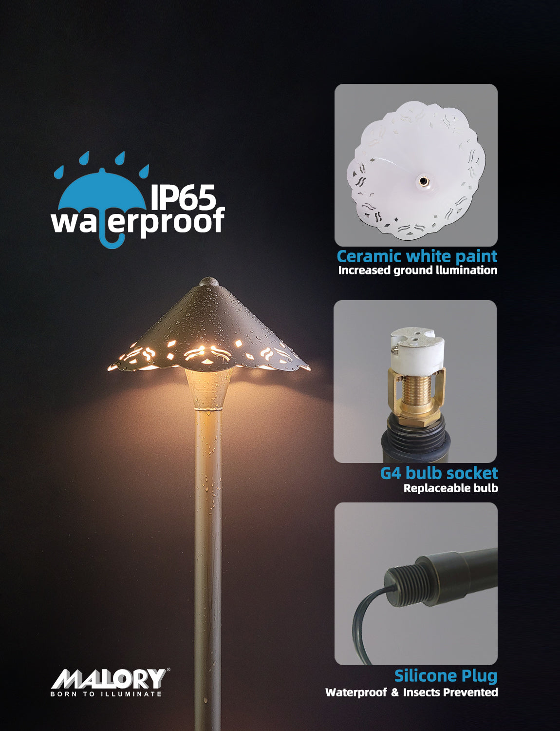 MALORY Hollow Design LED Brass Path Light – Low Voltage Landscape Lighting with Integrated 2W 2700K (MLR-P04)