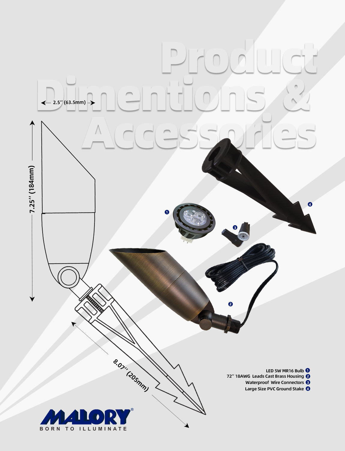 MALORY 12V Solid Brass Outdoor Spotlight for Front and Backyard with Large Rugged Slot Spike (MLR-S06)