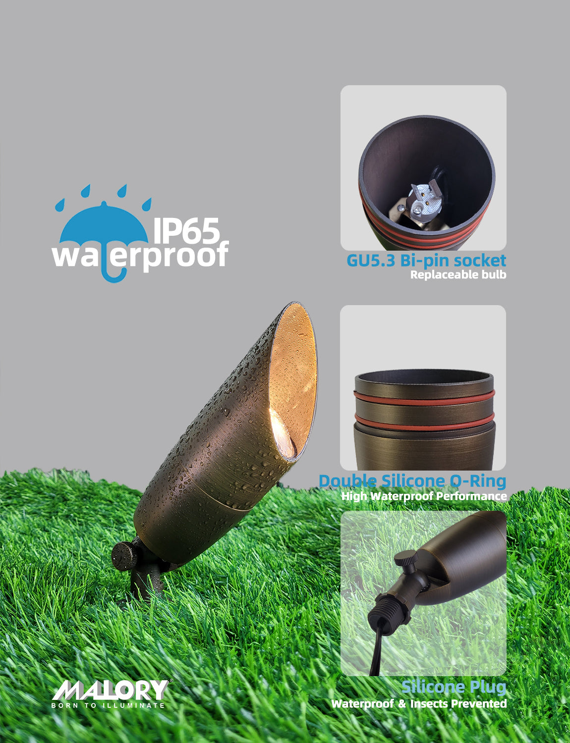 MALORY 12V Solid Brass Outdoor Spotlight for Front and Backyard with Large Rugged Slot Spike (MLR-S06)