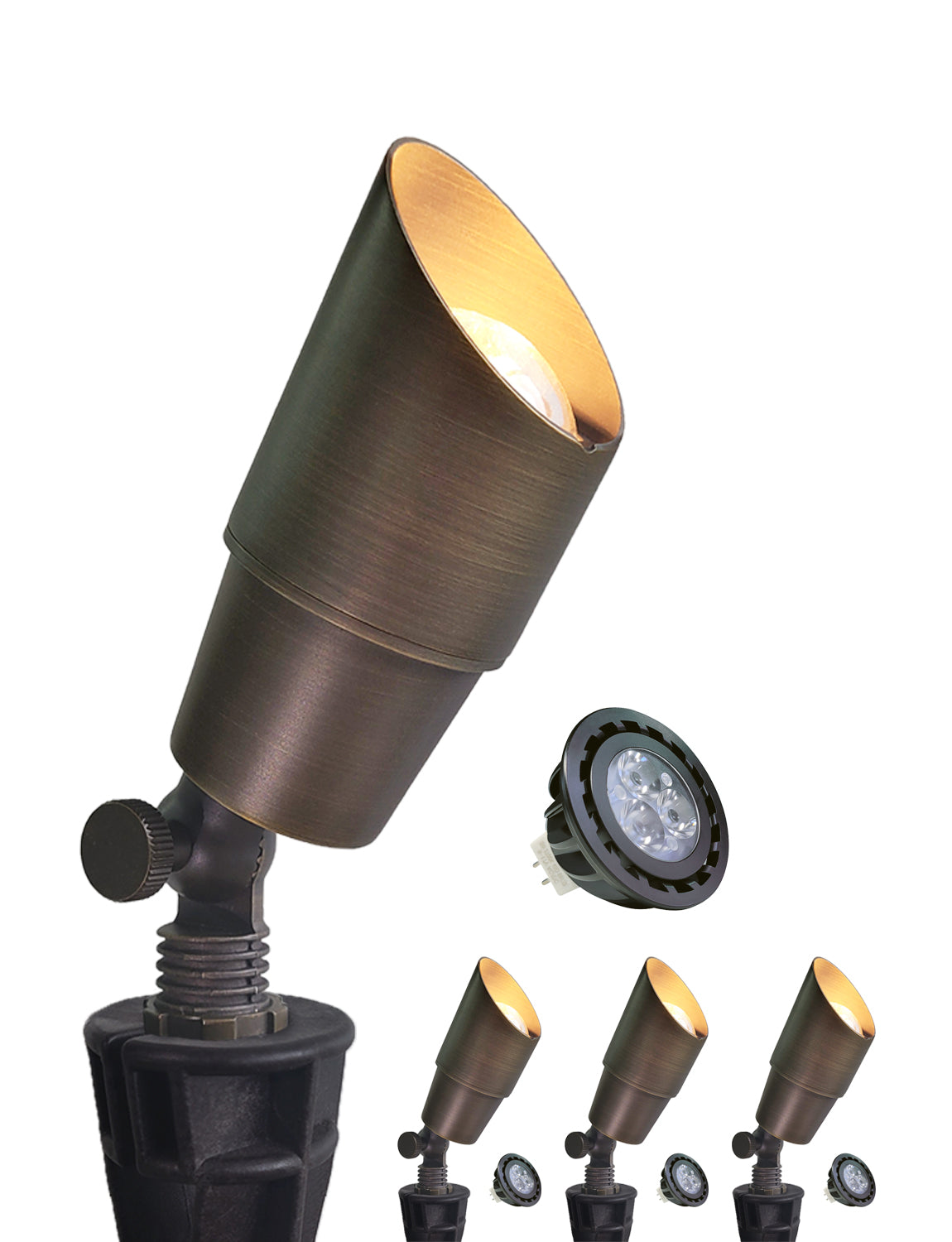 Brass landscape spotlight MLR-S01 illuminating outdoor landscape at night