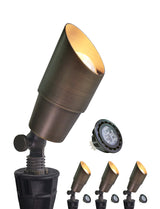 Brass landscape spotlight MLR-S01 illuminating outdoor landscape at night