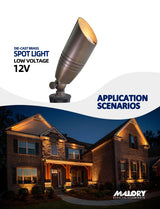 Brass landscape spotlight MLR-S02 illuminating outdoor landscape at night