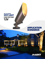 Brass landscape spotlight MLR-S03 illuminating outdoor landscape at night
