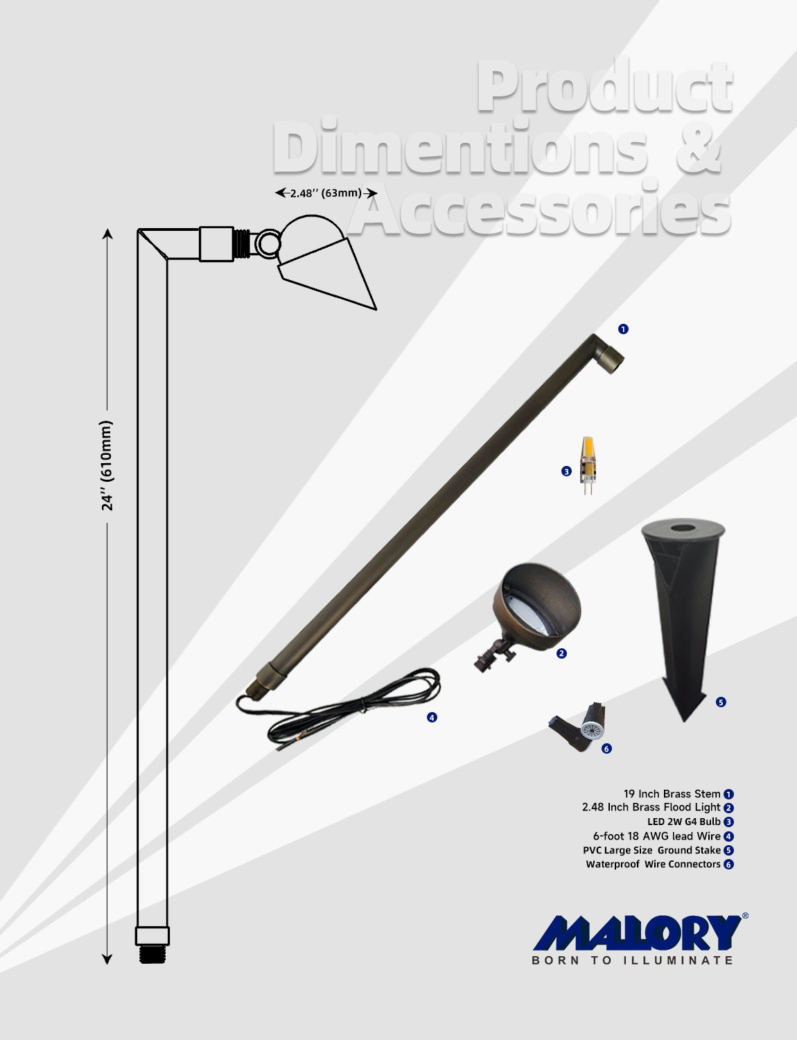 Brass adjustable path light MLR-P06 with ground stake installation