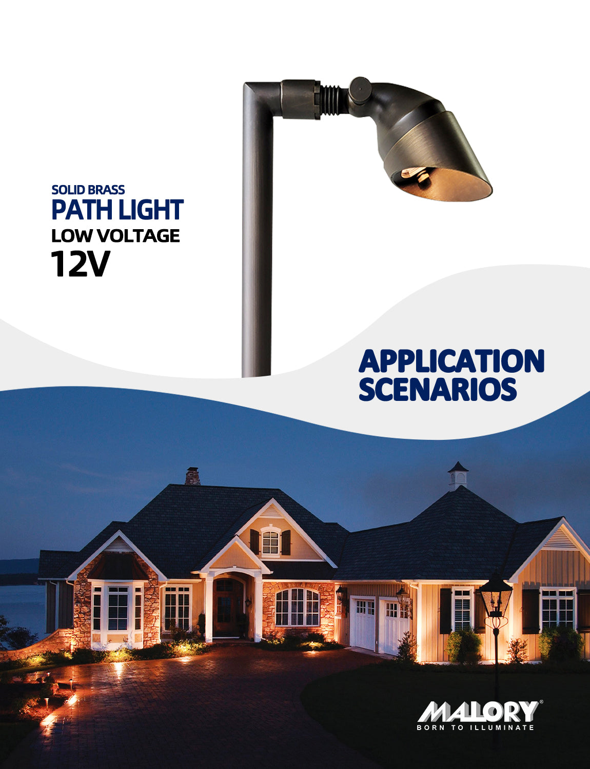 Directional brass path light MLR-P06 illuminating pathway at night