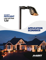 Directional brass path light MLR-P06 illuminating pathway at night